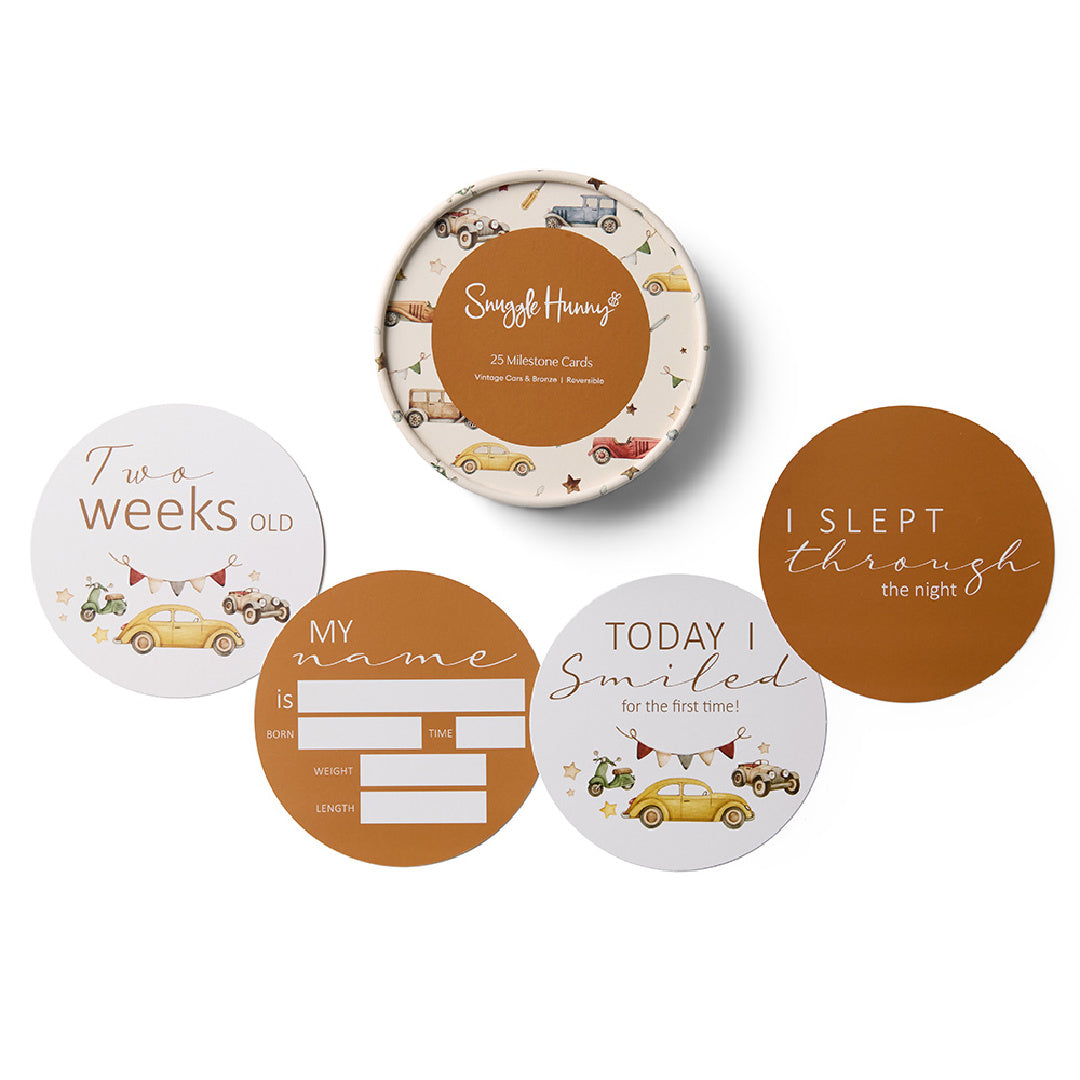 SNUGGLE HUNNY REVERSIBLE MILESTONE CARDS - VINTAGE CARS