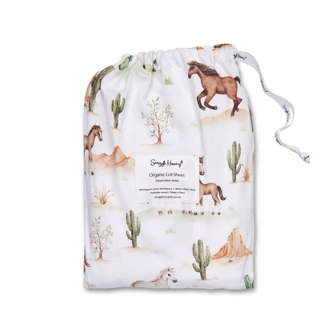 SNUGGLE HUNNY ORGANIC FITTED COT SHEET - WILD HORSES