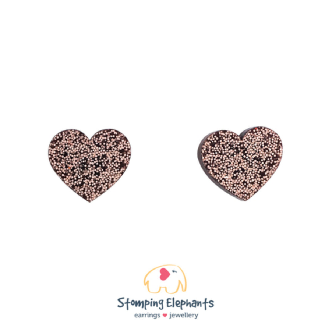 STOMPING ELEPHANTS BRONZE GLITTER HEART EARRINGS (SMALL)