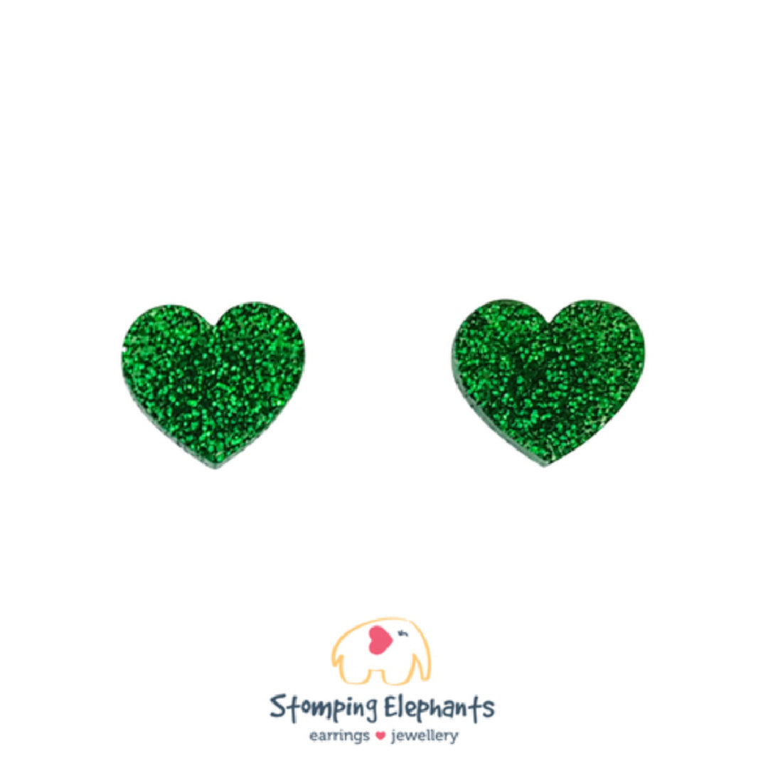 STOMPING ELEPHANTS GREEN GLITTER HEART EARRINGS (SMALL)