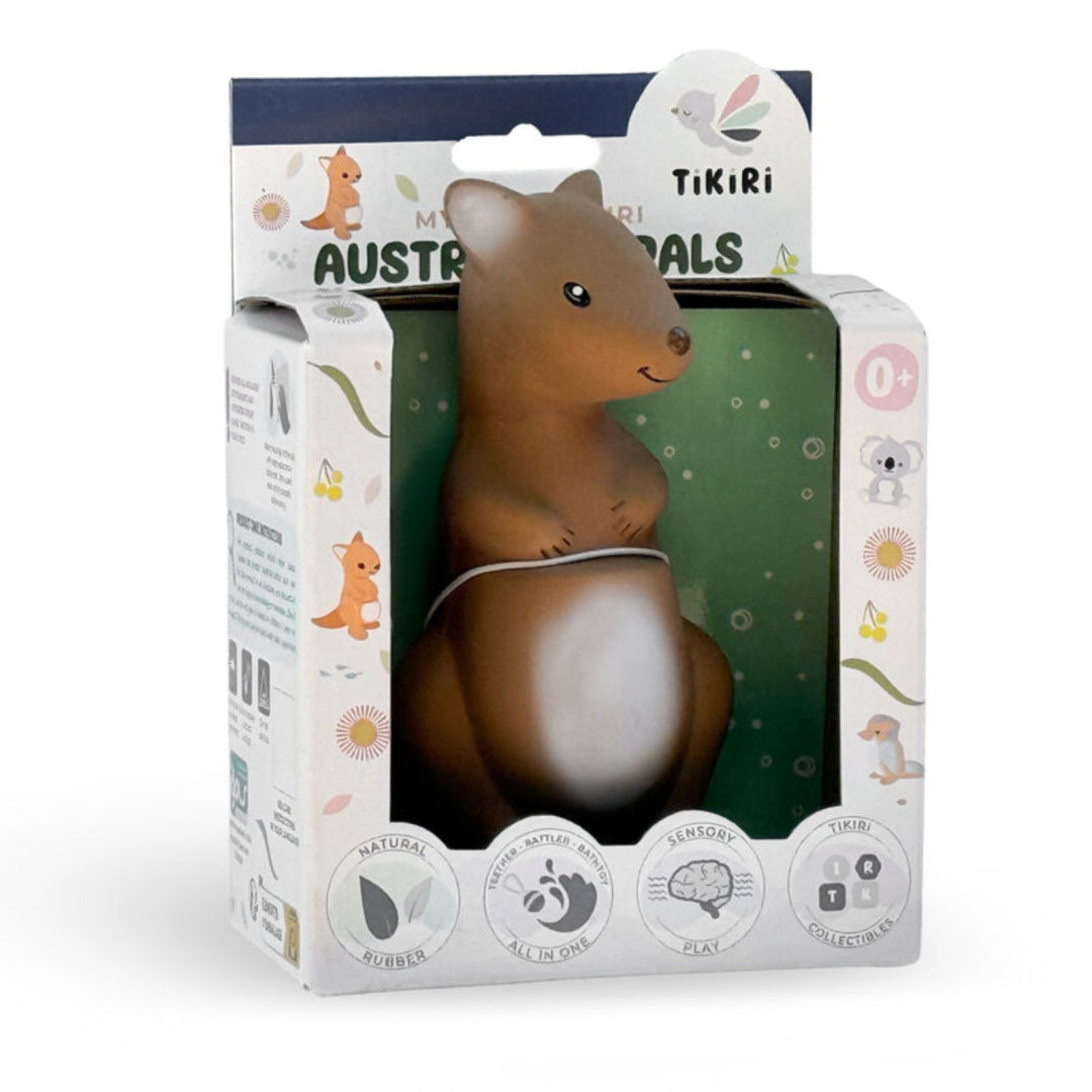 TIKIRI RUBBER TEETHER RATTLE & BATH TOY AUSTRALIAN ANIMAL - KANGAROO (BOXED)