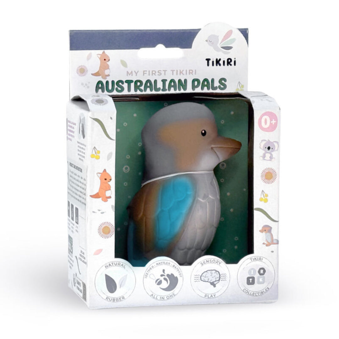 TIKIRI RUBBER TEETHER RATTLE & BATH TOY AUSTRALIAN ANIMAL - KOOKABURRA (BOXED)