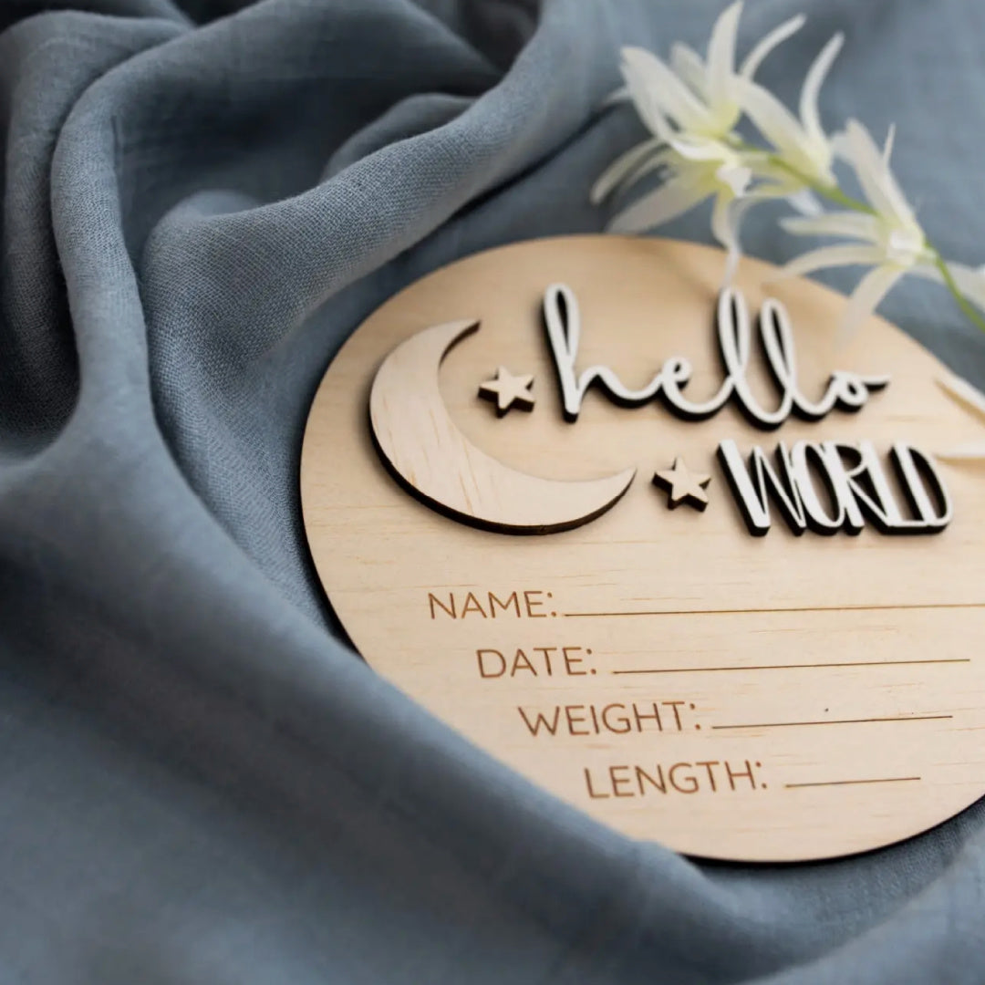 TIMBER TINKERS HELLO WORLD MOON BIRTH ANNOUNCEMENT DISC