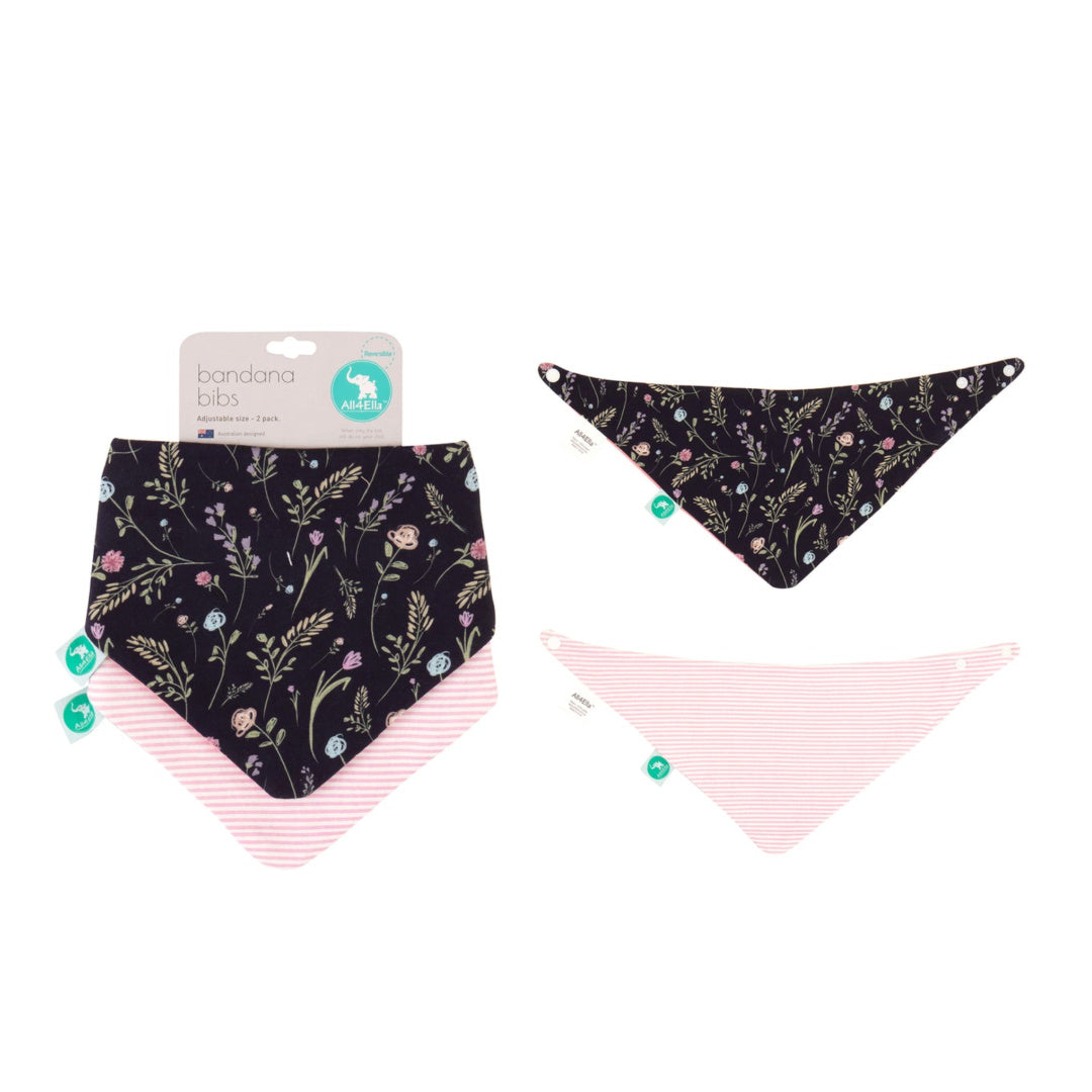 ALL 4 ELLA BANDANA BIBS 2PK - REVERSIBLE - NAVY FLORAL