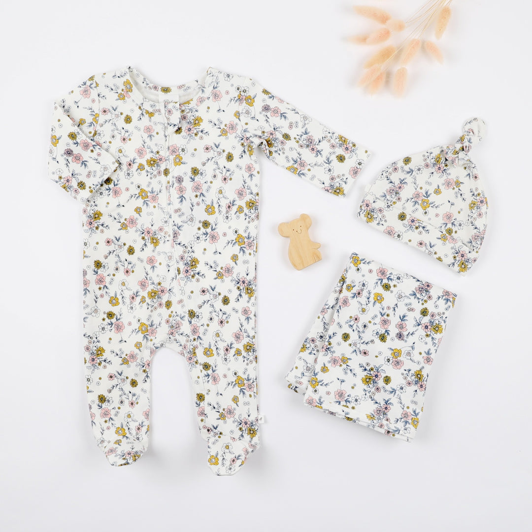 BEBE WHITE LABEL MAE FLORAL ORGANIC LS ROMPER