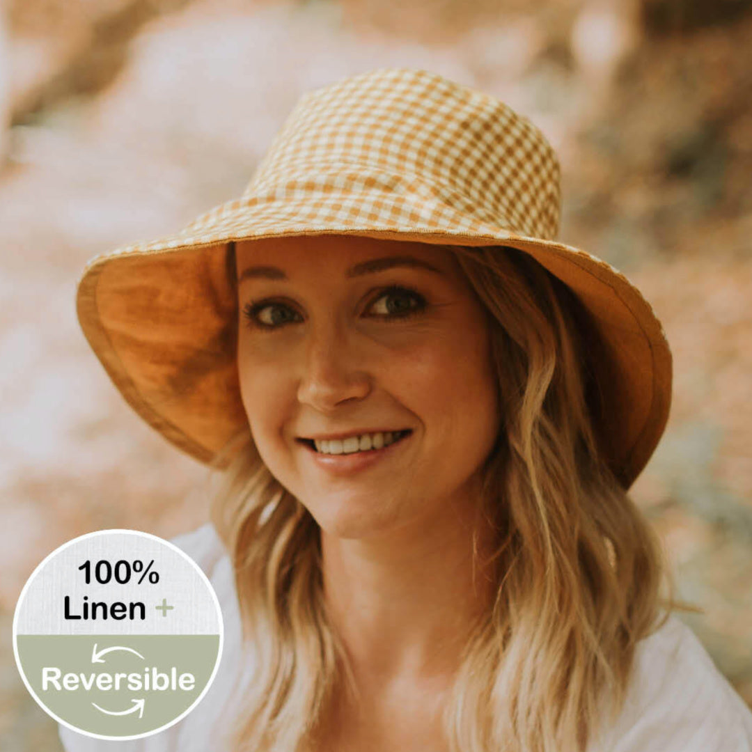 BEDHEAD HERITAGE 'VACATIONER' REVERSIBLE LADIES SUN HAT - GINGHAM / MAIZE
