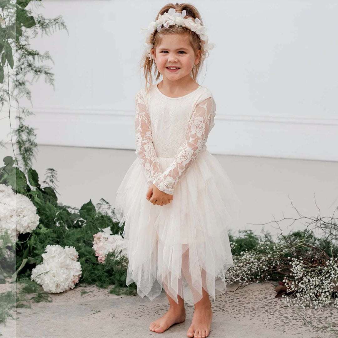 DESIGNER KIDZ SOPHIE L/S LACE BODICE TUTU DRESS - BEIGE