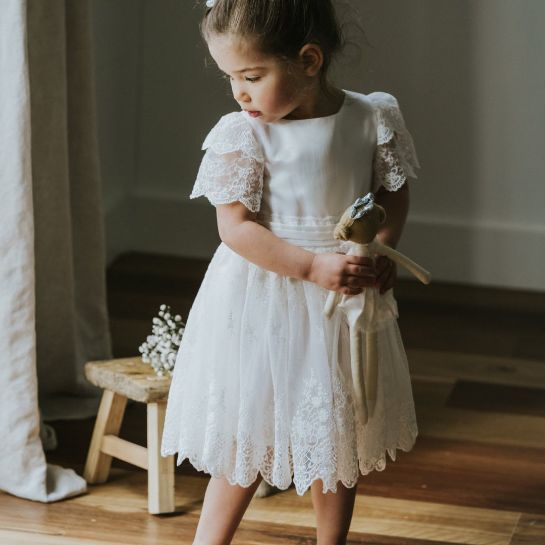 BEBE FLOATY SLEEVE LACE DRESS