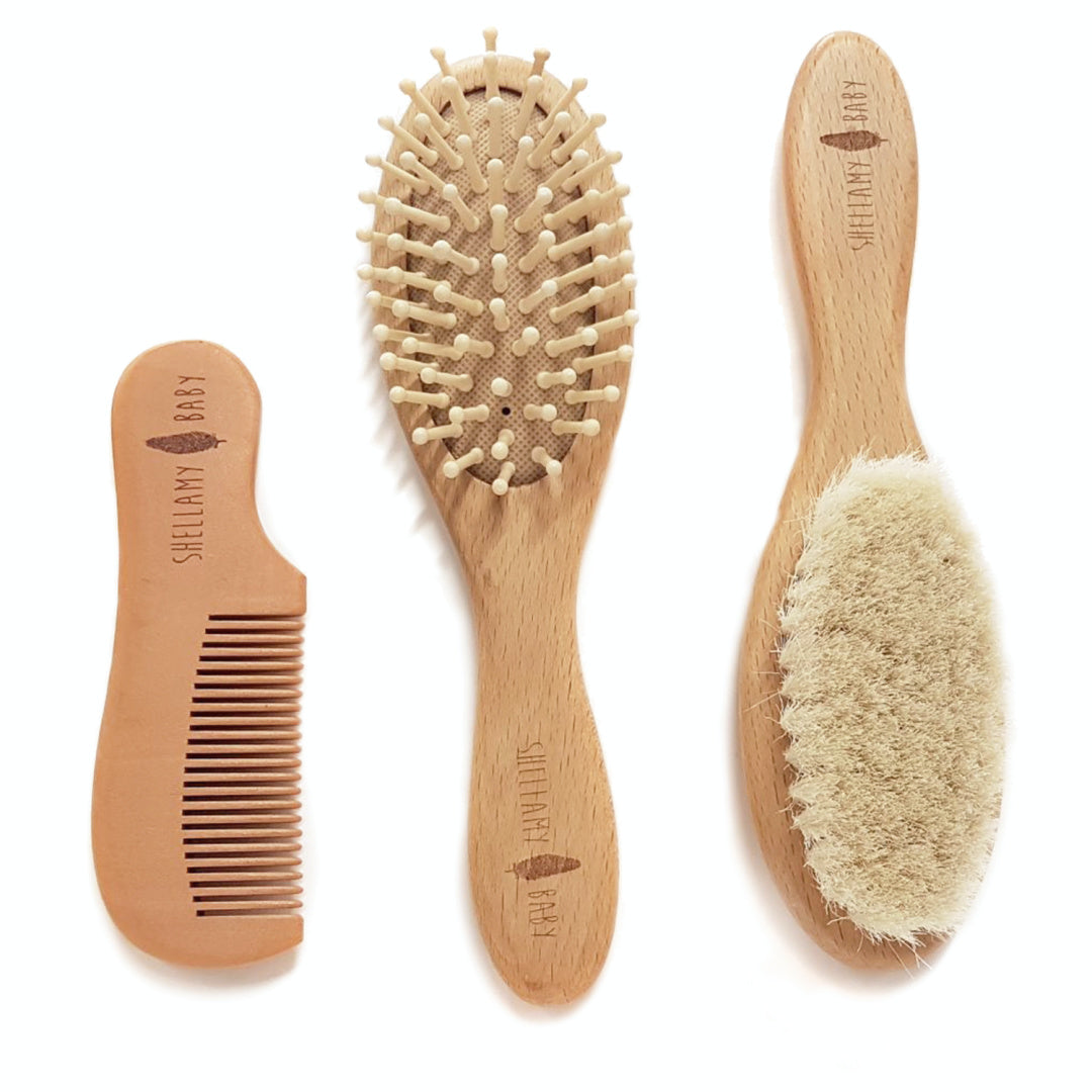 SHELLAMY BABY 3 PCE WOODEN BABY HAIRBRUSH AND COMB SET (BOXED)