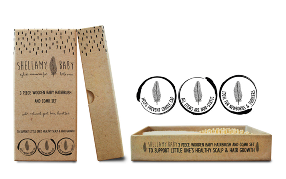 SHELLAMY BABY 3 PCE WOODEN BABY HAIRBRUSH AND COMB SET (BOXED)