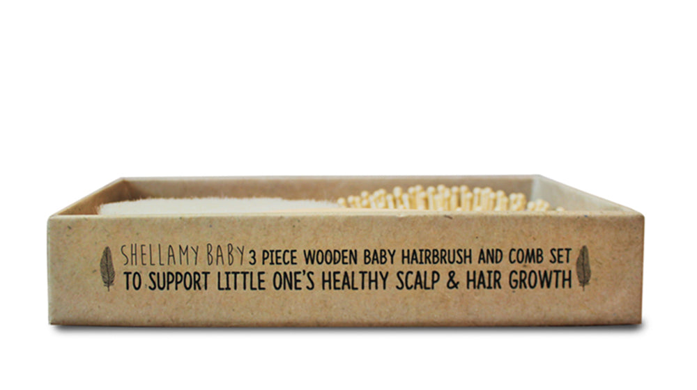 SHELLAMY BABY 3 PCE WOODEN BABY HAIRBRUSH AND COMB SET (BOXED)