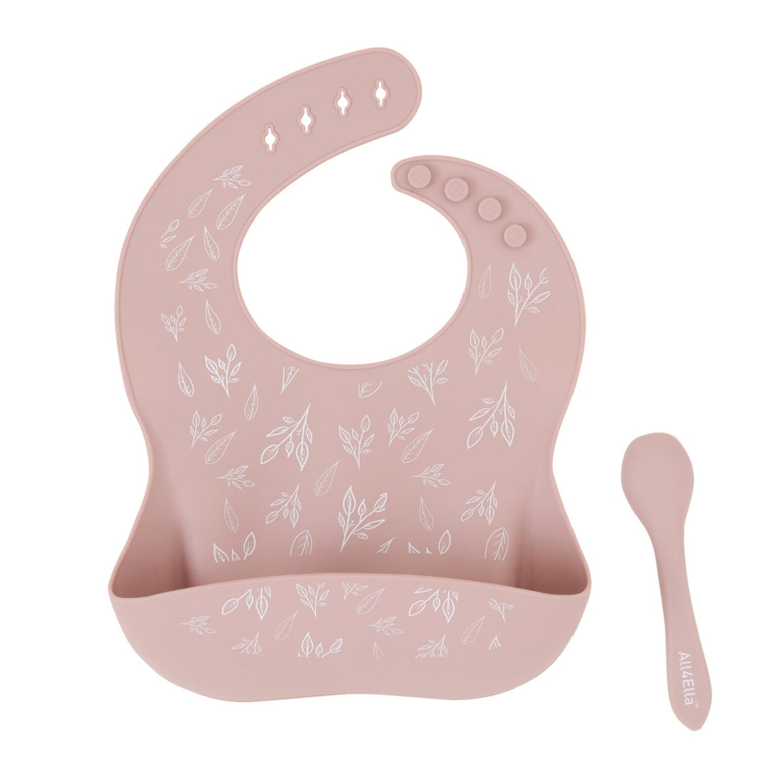 ALL 4 ELLA SILICONE BIB & SPOON WITH REUSABLE POUCH - DUSTY PINK