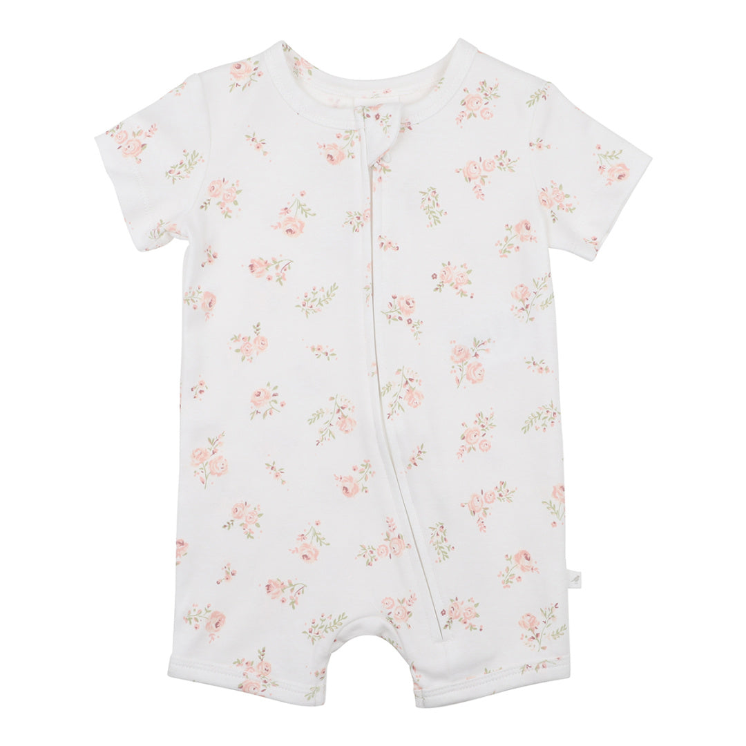 BEBE WHITE LABEL BELLE FLORAL ORGANIC SS ZIP ROMPER