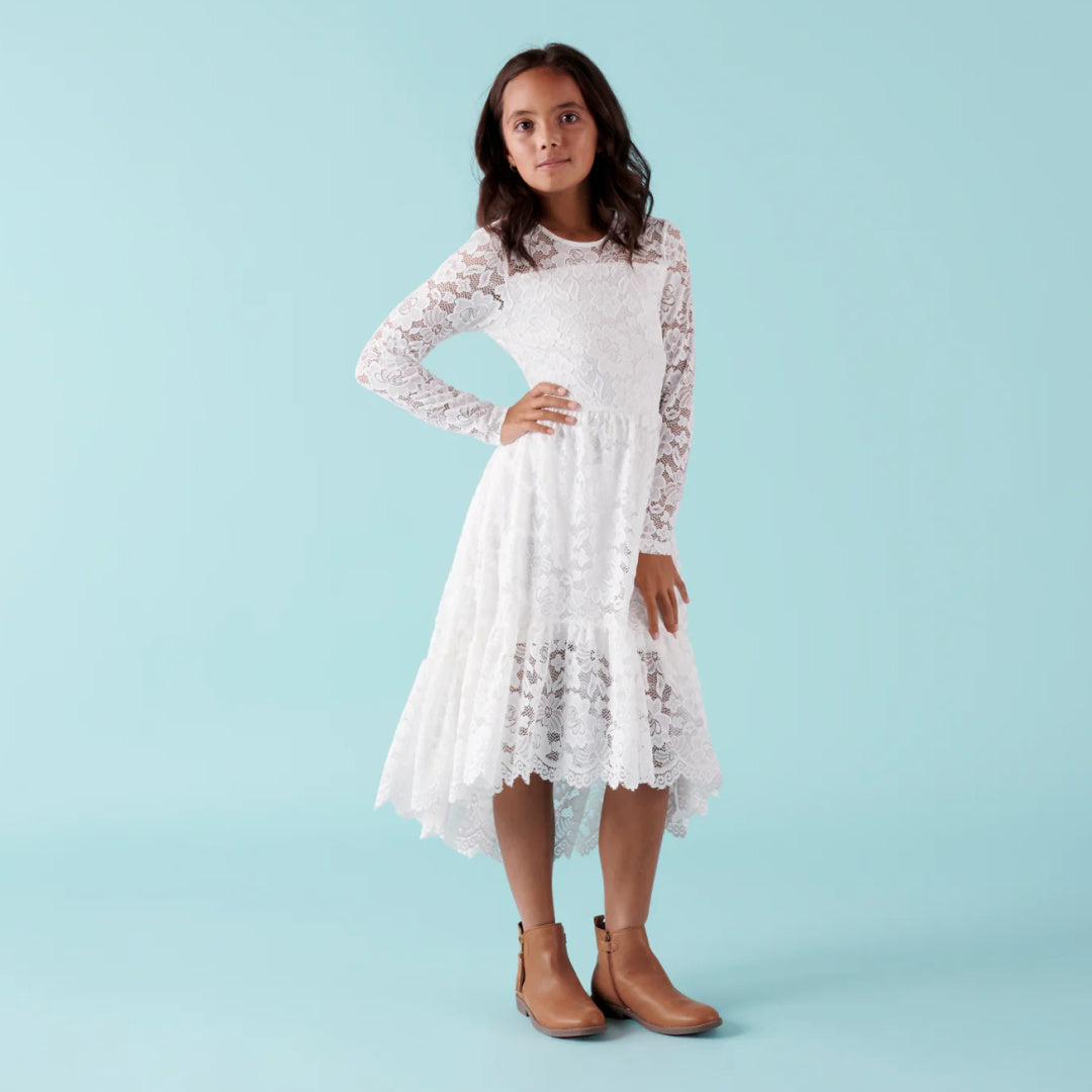 DESIGNER KIDZ DELPHINE L/S LACE DRESS - IVORY