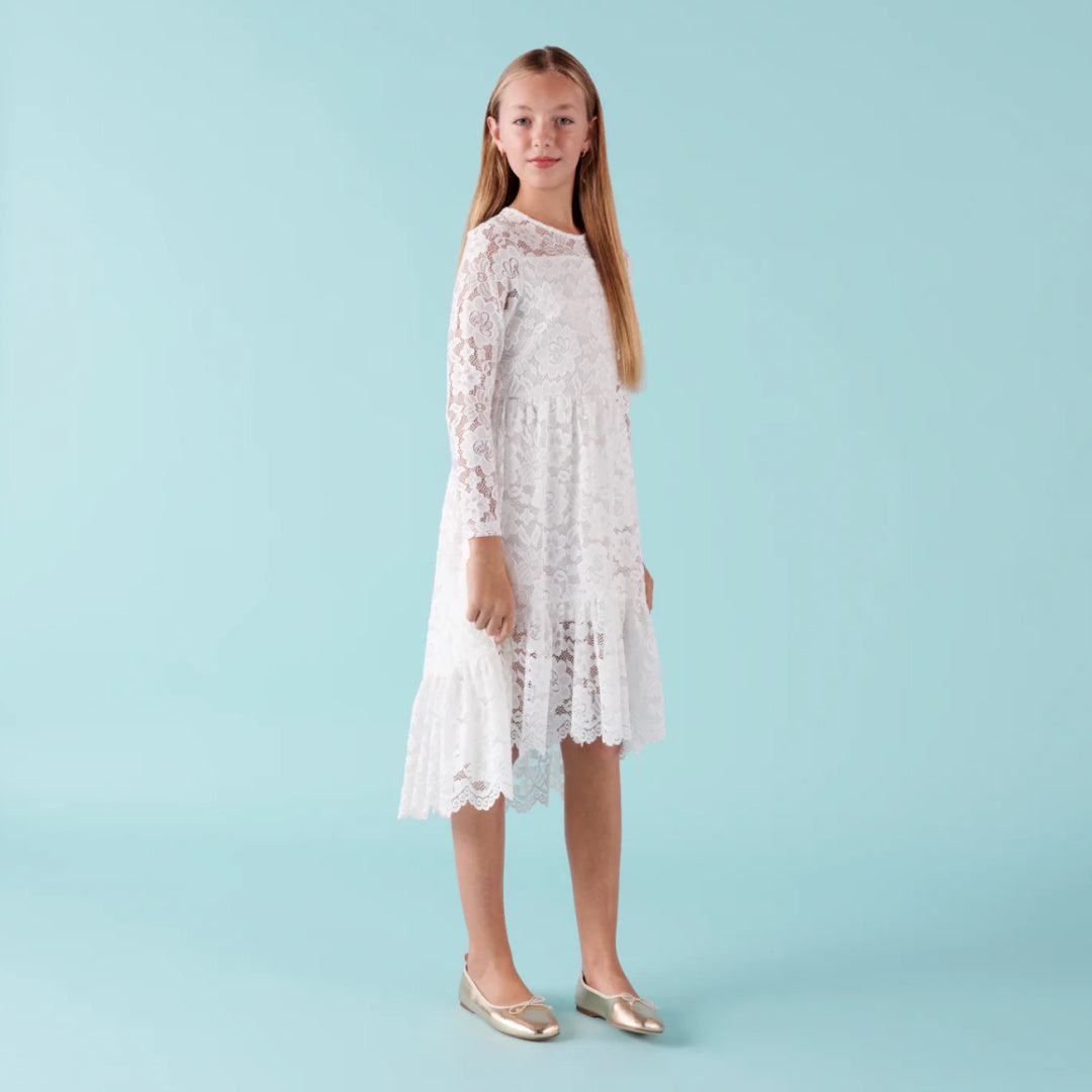 DESIGNER KIDZ DELPHINE L/S LACE DRESS - IVORY