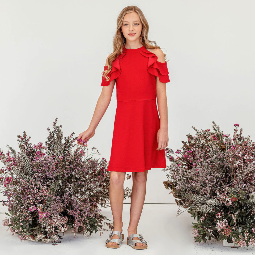 DESIGNER KIDZ ELLE COLD SHOULDER FRILL DRESS - RED