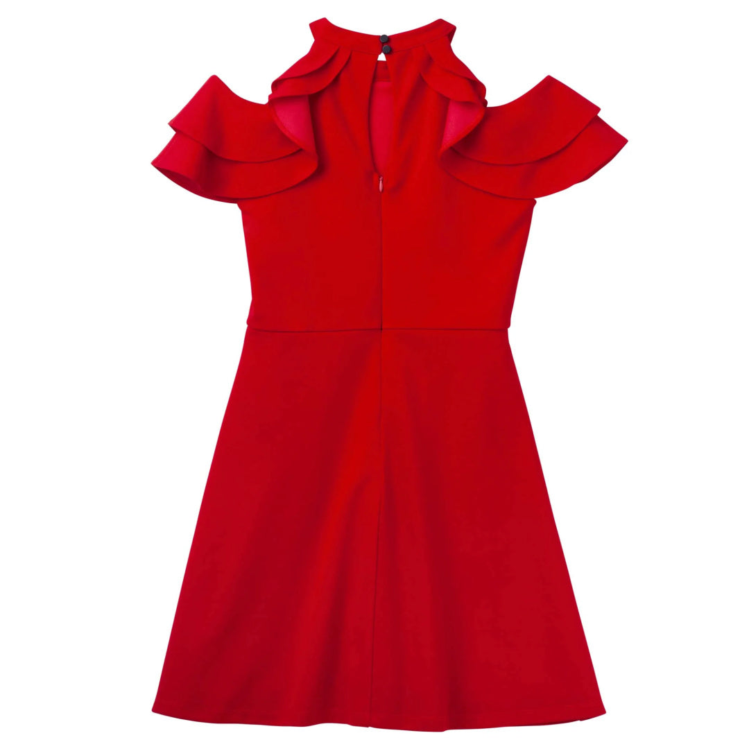 DESIGNER KIDZ ELLE COLD SHOULDER FRILL DRESS - RED
