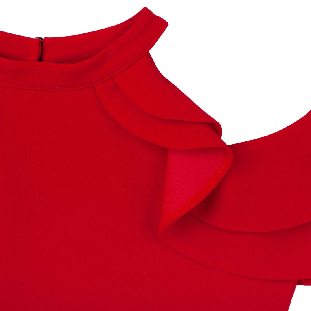 DESIGNER KIDZ ELLE COLD SHOULDER FRILL DRESS - RED