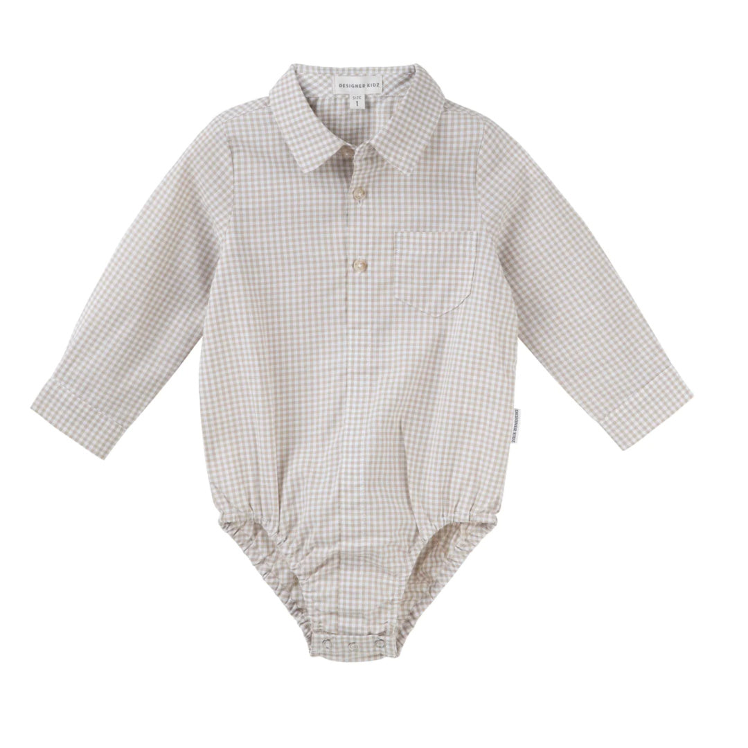 DESIGNER KIDZ OLIVER GINGHAM L/S ROMPER - OAT
