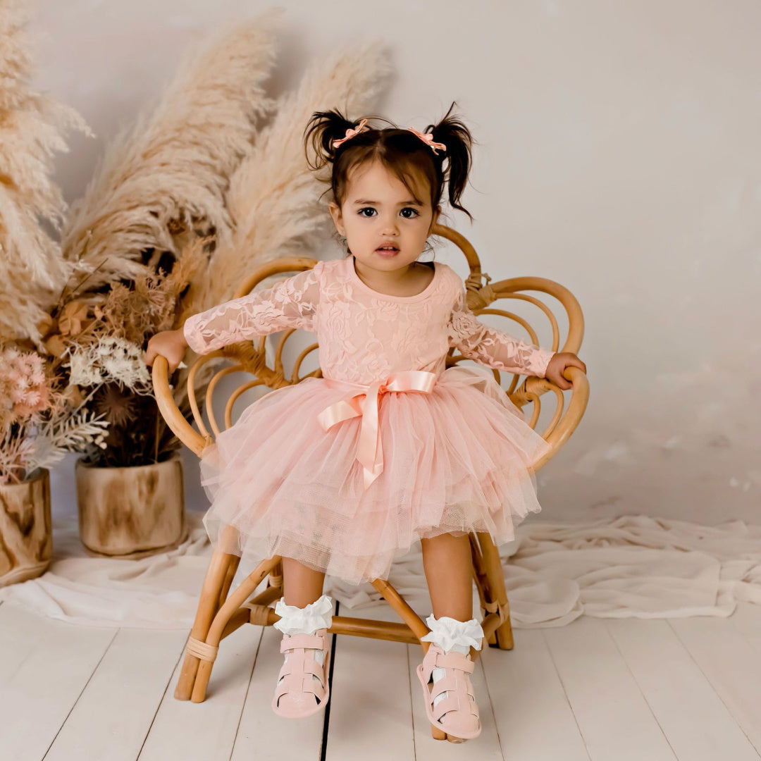 DESIGNER KIDZ MY FIRST LACE TUTU L/S DRESS - TEA ROSE