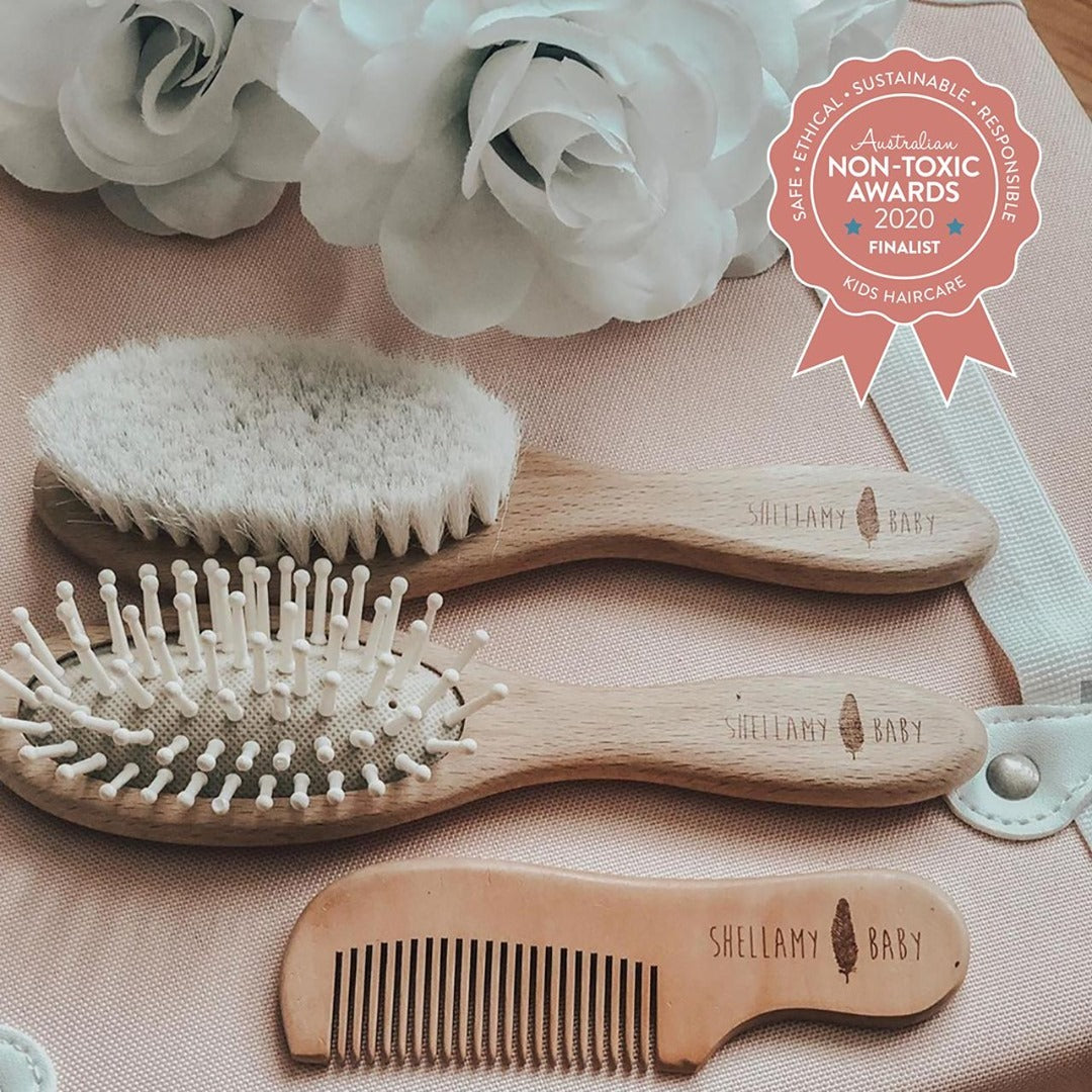 Baby Hairbrush and Comb Set, 3 Piece Wooden