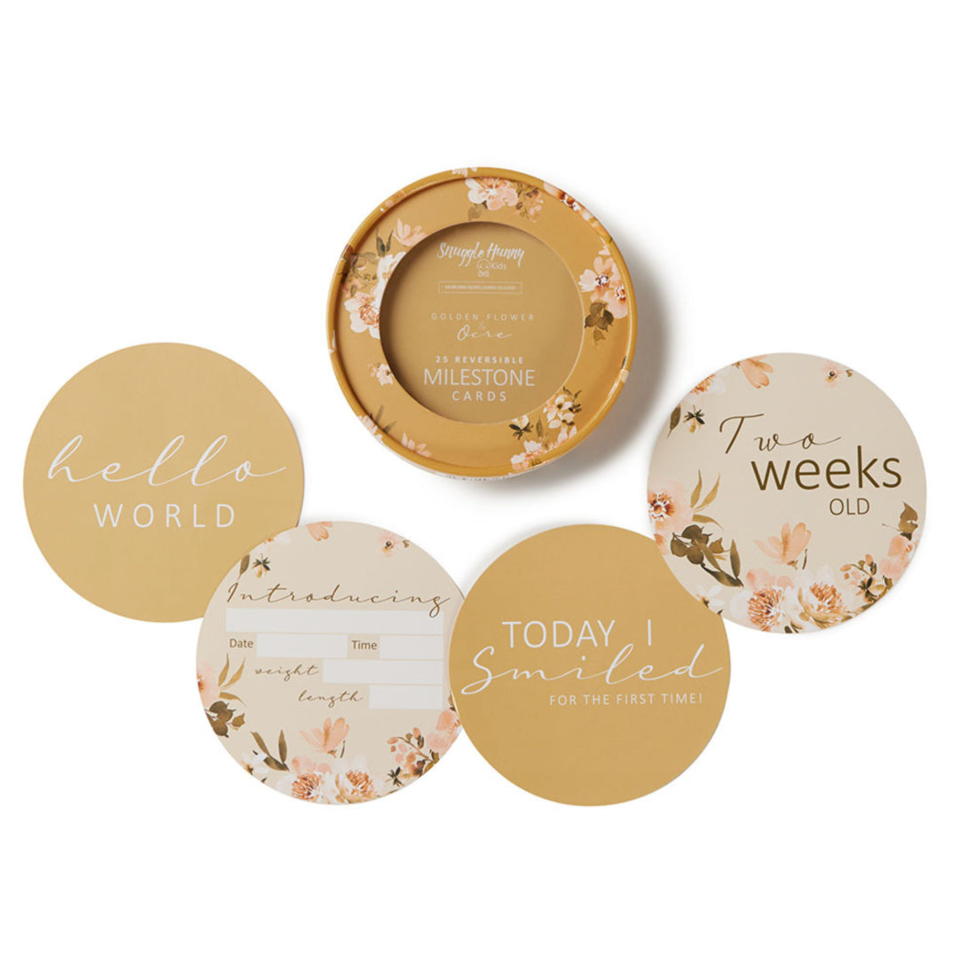 SNUGGLE HUNNY REVERSIBLE MILESTONE CARDS - GOLDEN FLOWER &amp; OCRE