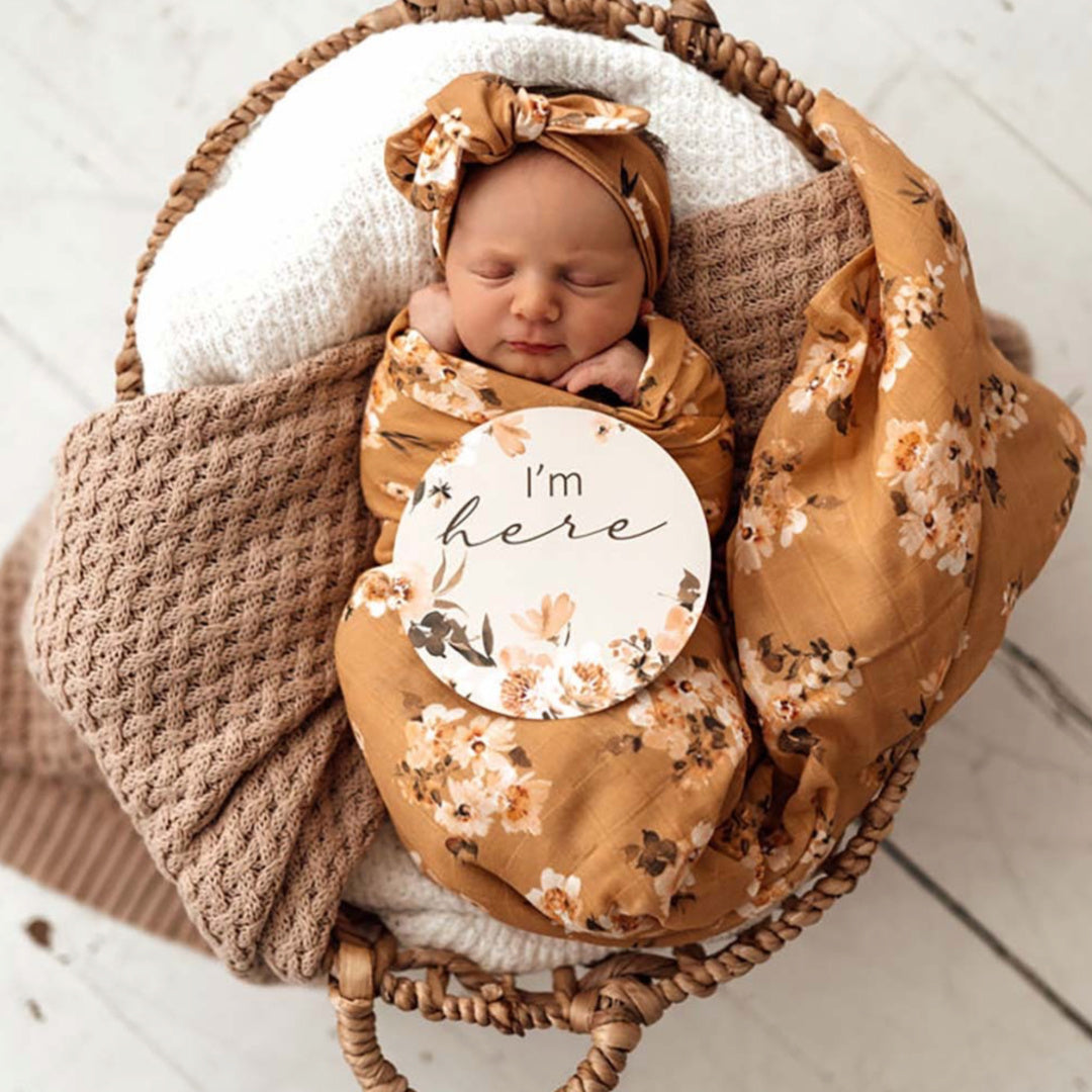 SNUGGLE HUNNY REVERSIBLE MILESTONE CARDS - GOLDEN FLOWER &amp; OCRE