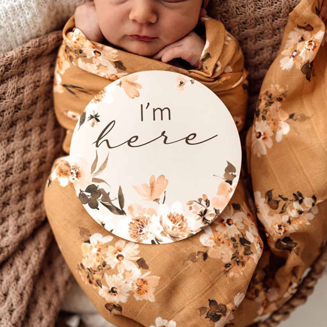 SNUGGLE HUNNY REVERSIBLE MILESTONE CARDS - GOLDEN FLOWER &amp; OCRE