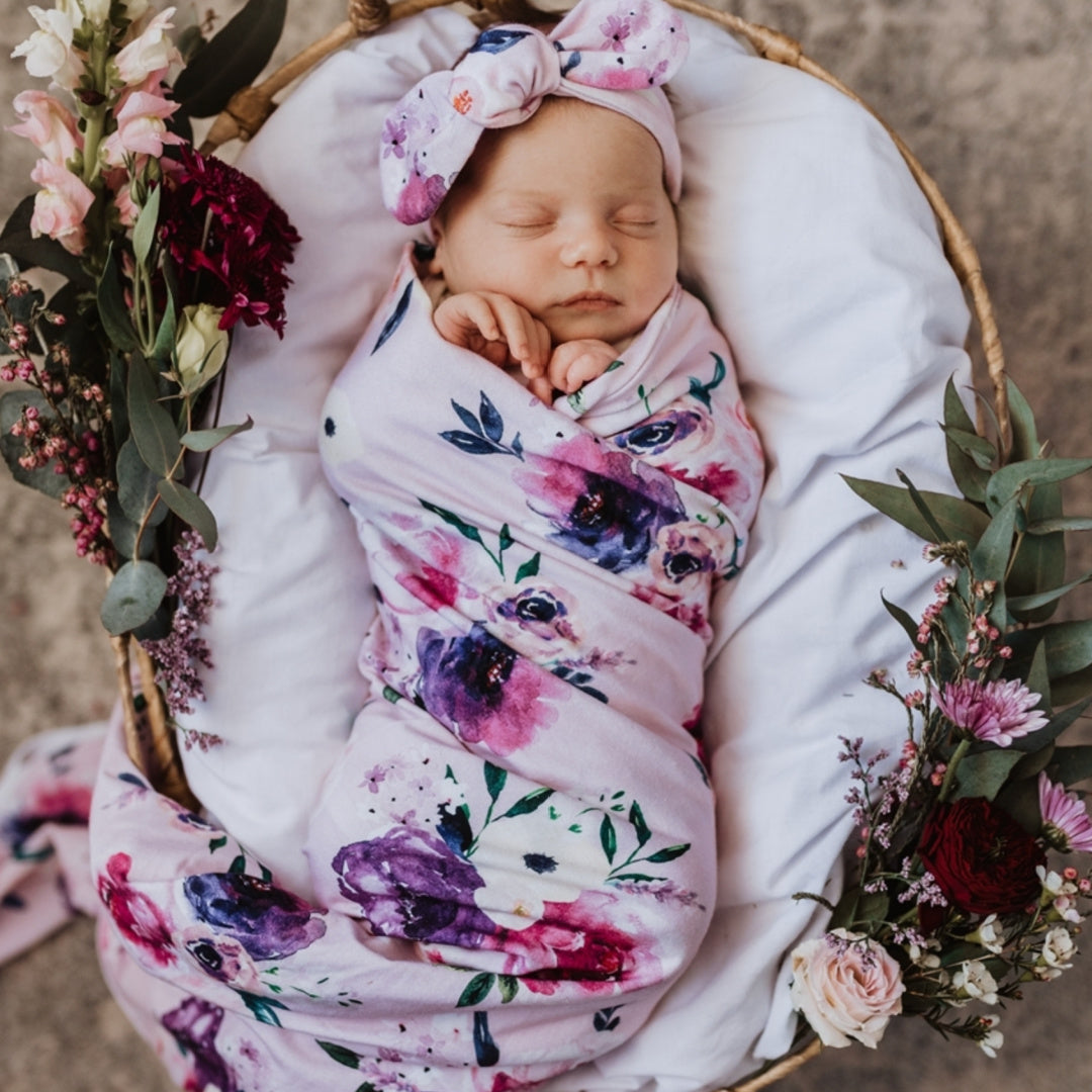 SNUGGLE HUNNY ORGANIC JERSEY WRAP AND TOPKNOT SET - FLORAL KISS