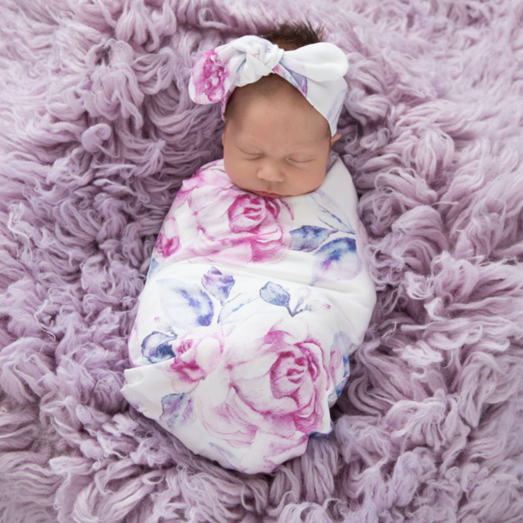 SNUGGLE HUNNY ORGANIC JERSEY WRAP AND TOPKNOT SET - LILAC SKIES