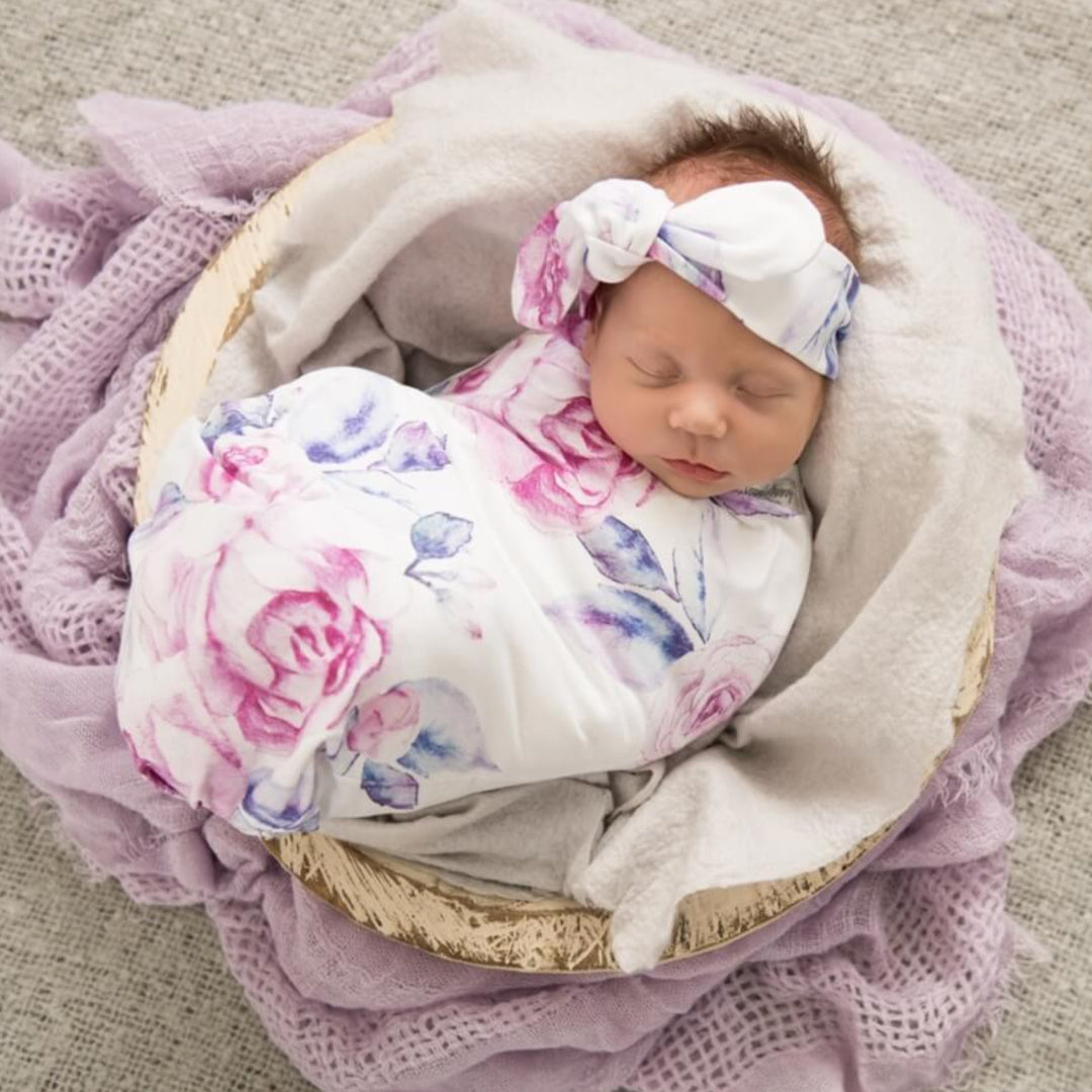 SNUGGLE HUNNY ORGANIC JERSEY WRAP AND TOPKNOT SET - LILAC SKIES
