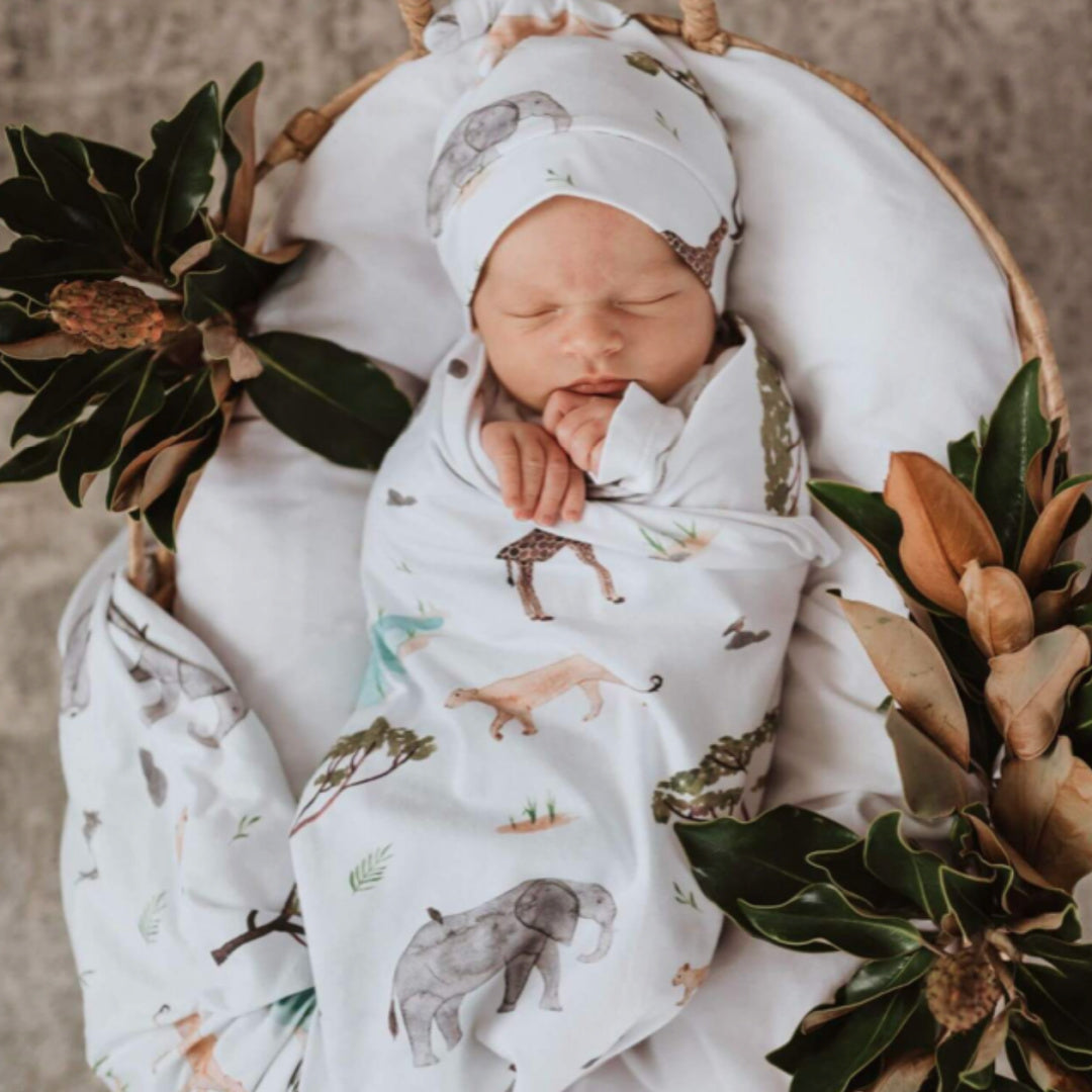 SNUGGLE HUNNY ORGANIC JERSEY WRAP AND BEANIE SET - SAFARI