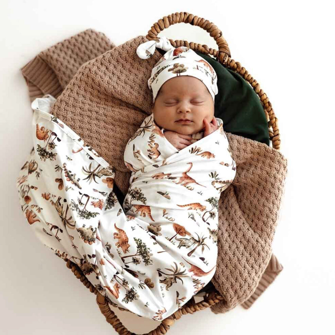 SNUGGLE HUNNY ORGANIC JERSEY WRAP AND BEANIE SET - DINO