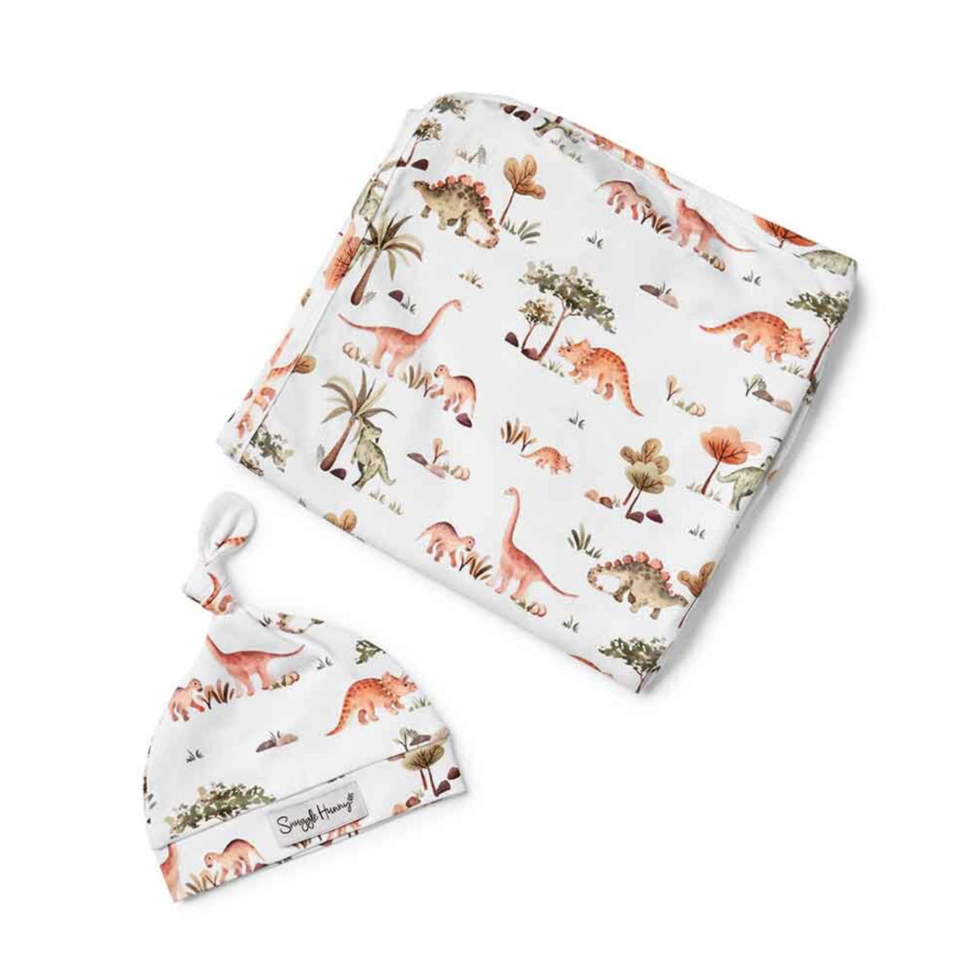 SNUGGLE HUNNY ORGANIC JERSEY WRAP AND BEANIE SET - DINO