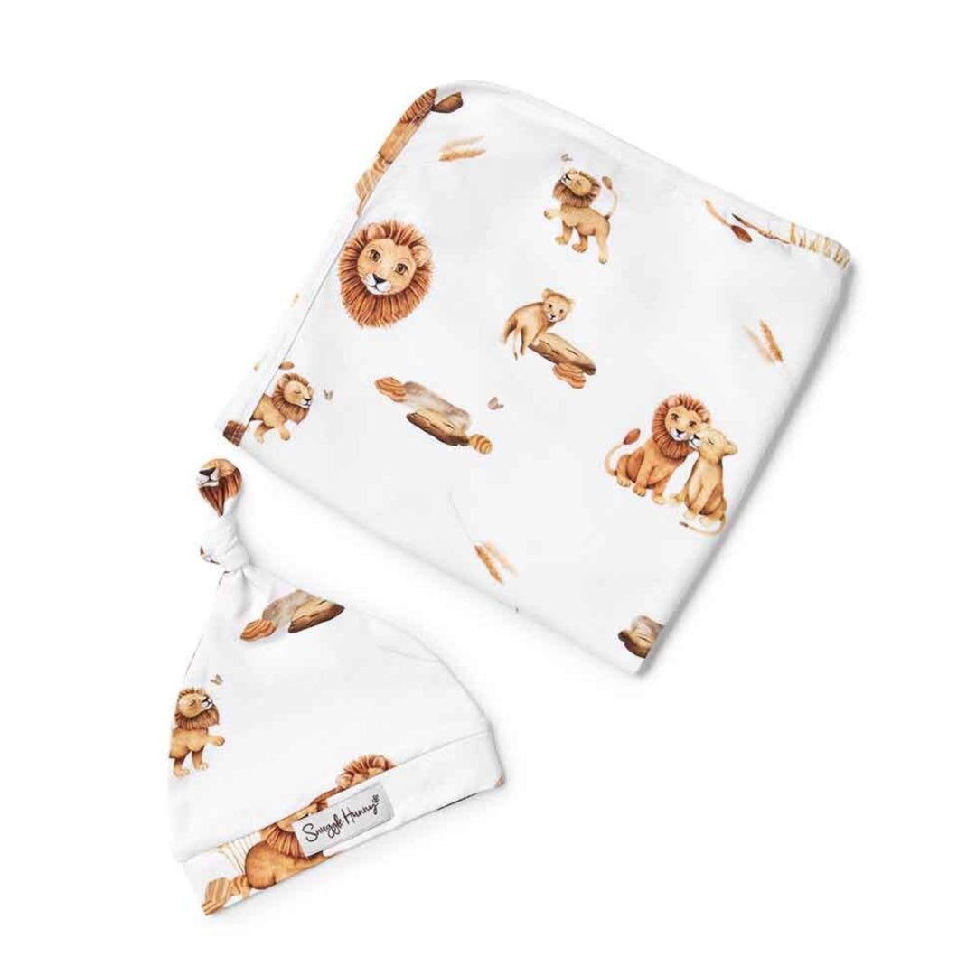 SNUGGLE HUNNY ORGANIC JERSEY WRAP AND BEANIE SET - LION