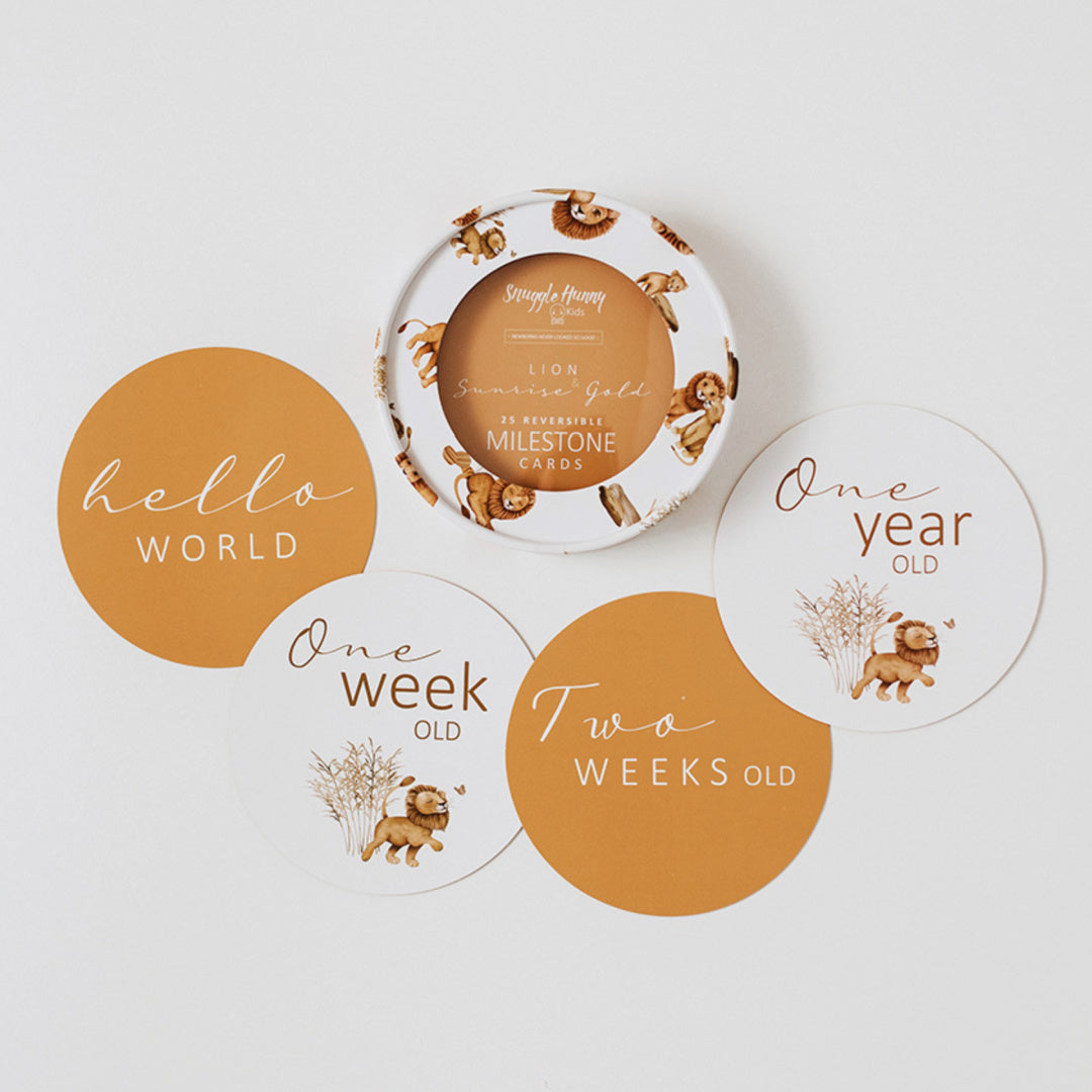 SNUGGLE HUNNY REVERSIBLE MILESTONE CARDS - LION & SUNRISE GOLD
